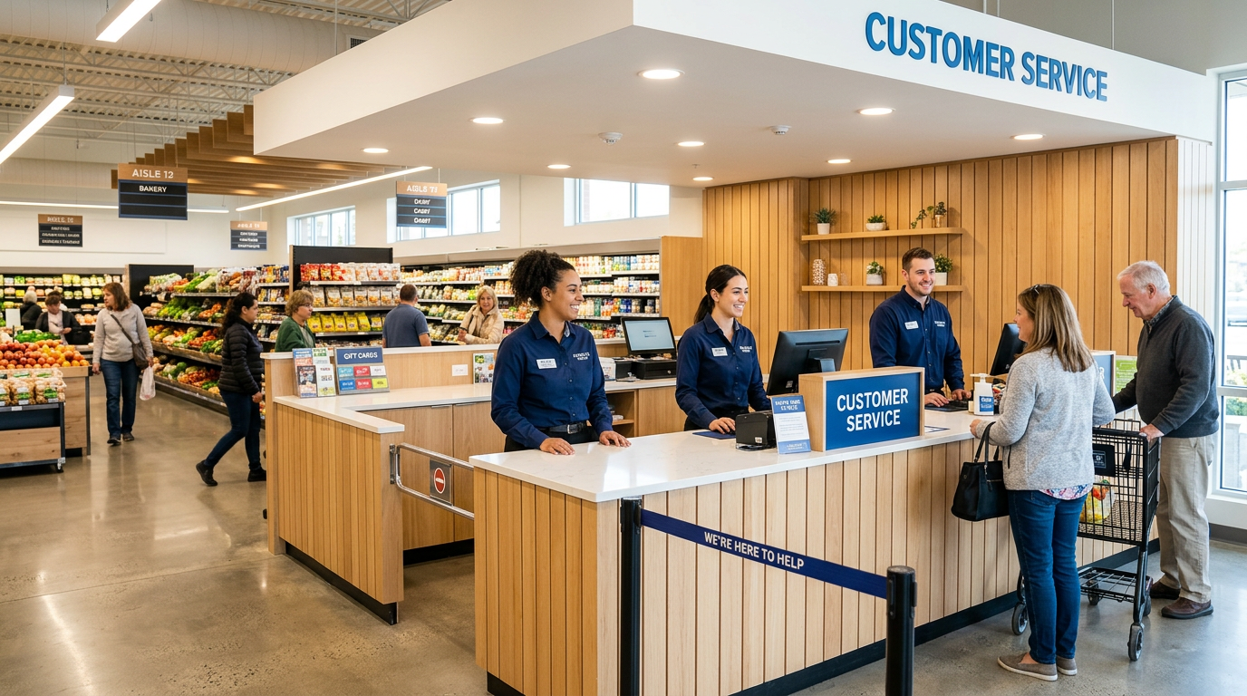 Friendly supermarket customer service desk