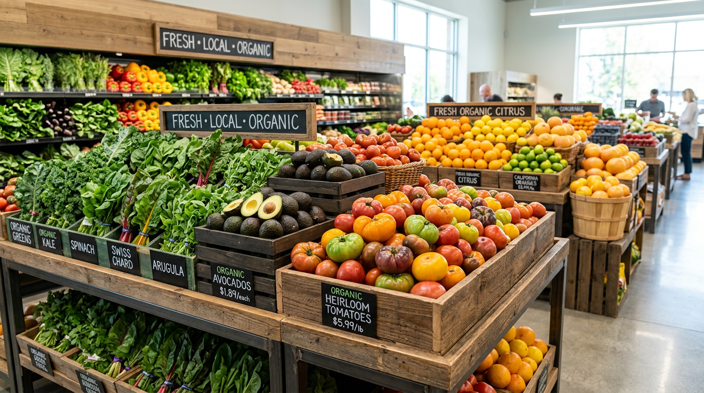 Fresh organic produce market shelf with tomatoes and greens