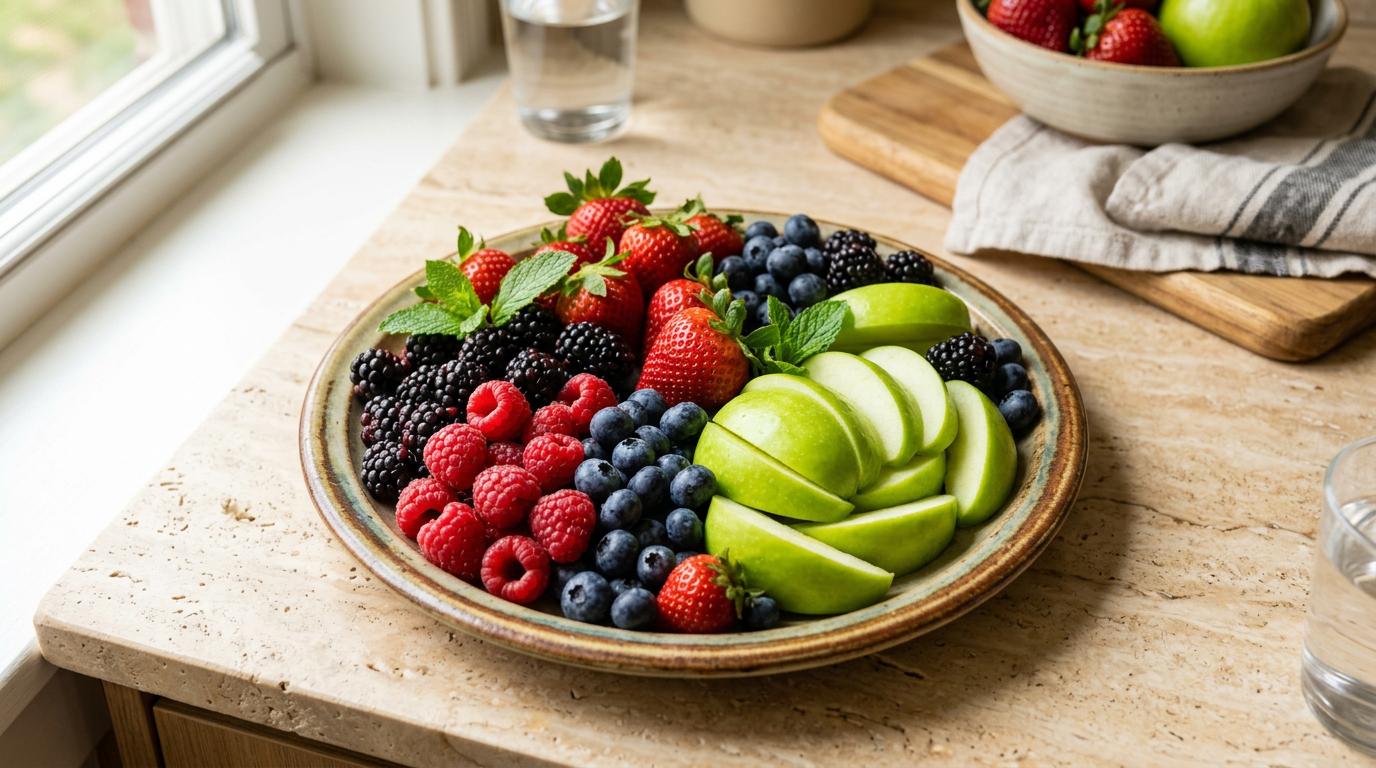 Fresh seasonal fruit platter on light stone counter