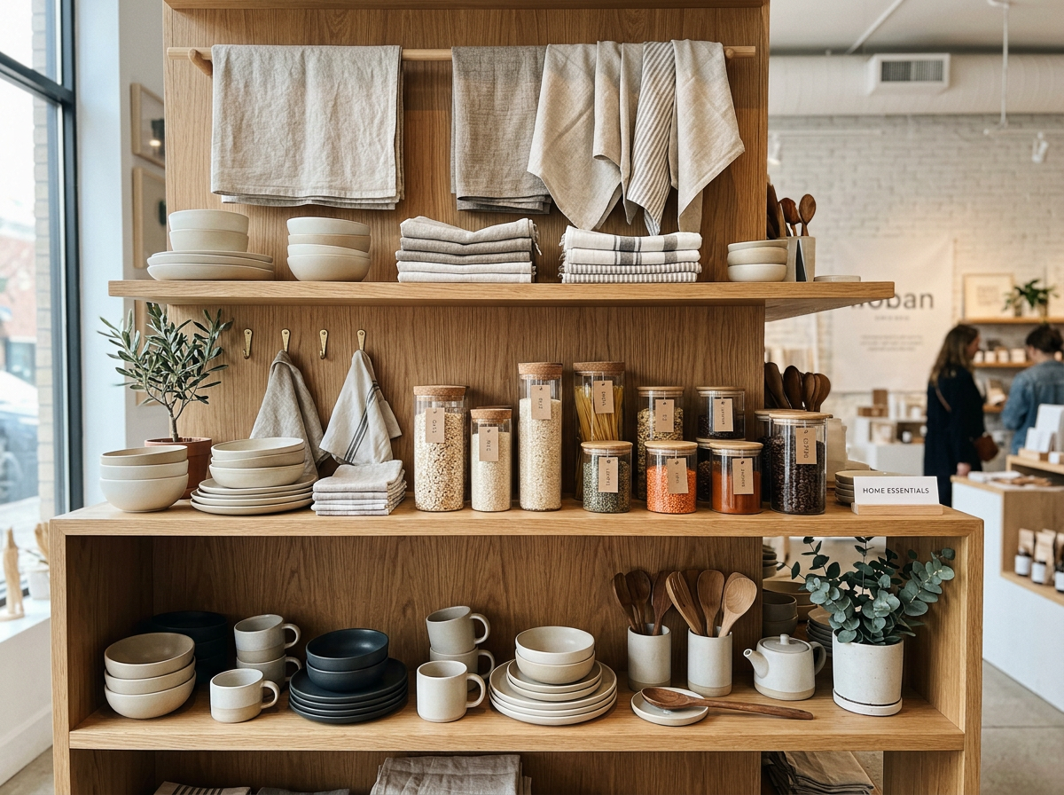Minimalist ceramic tableware, linens and glass storage jars on oak shelving