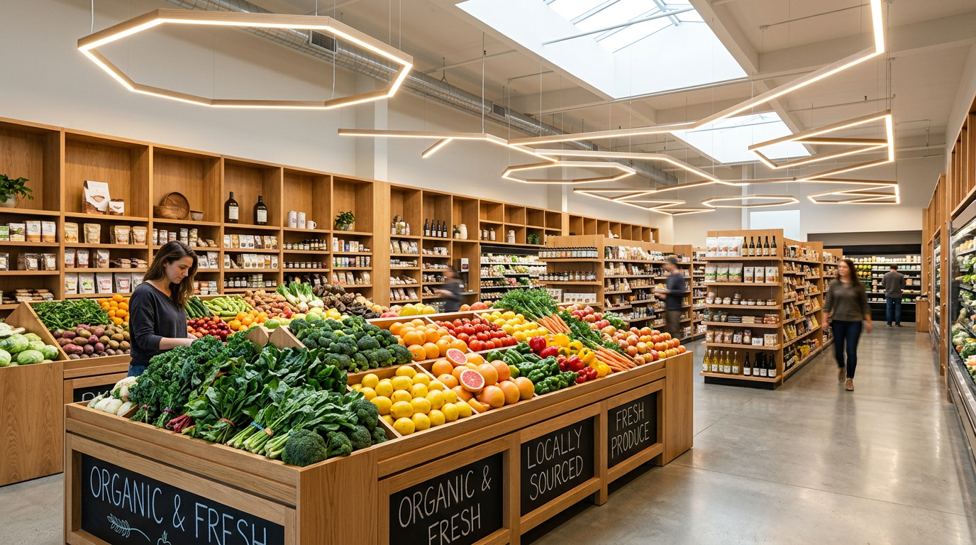 Bright modern NOVA Market supermarket interior with fresh produce displays