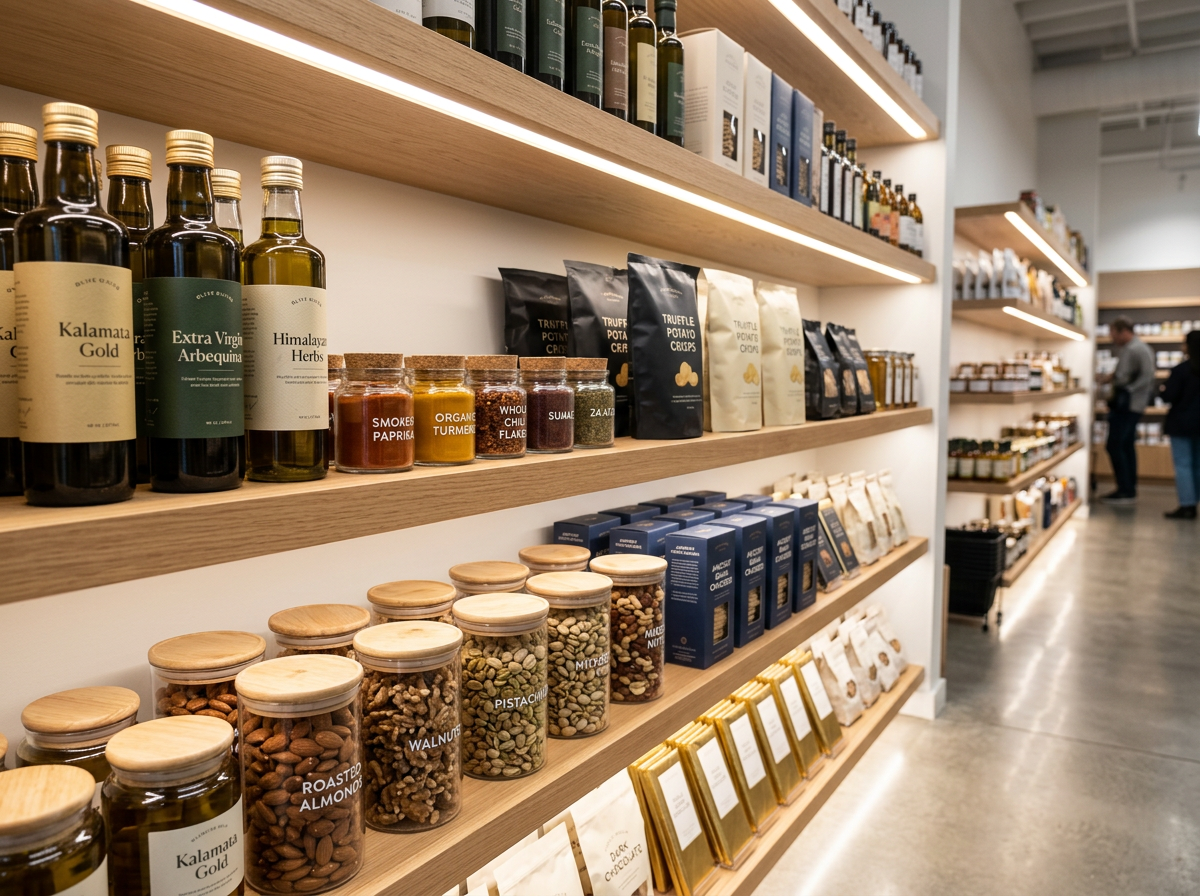 Organized pantry shelf with olive oils and spices