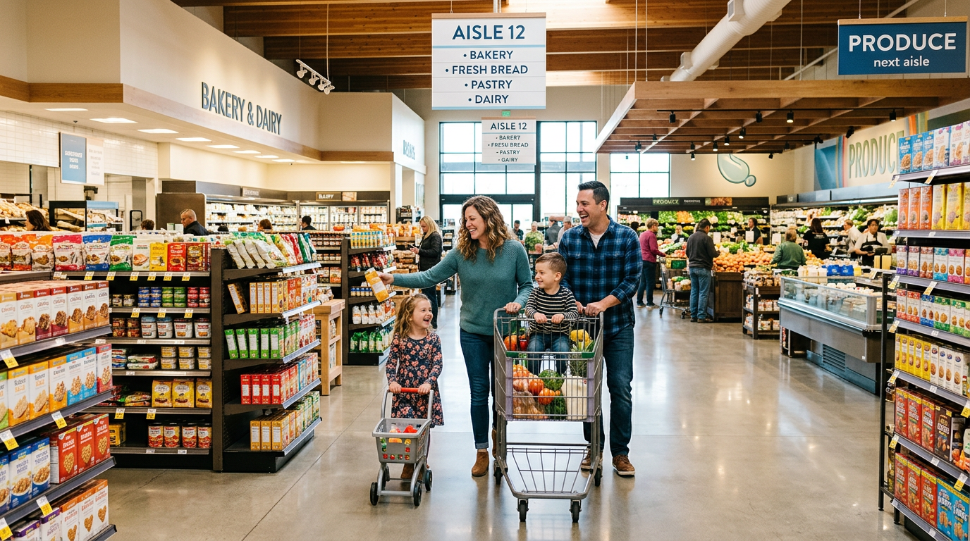 Wide supermarket aisle with a family shopping together
