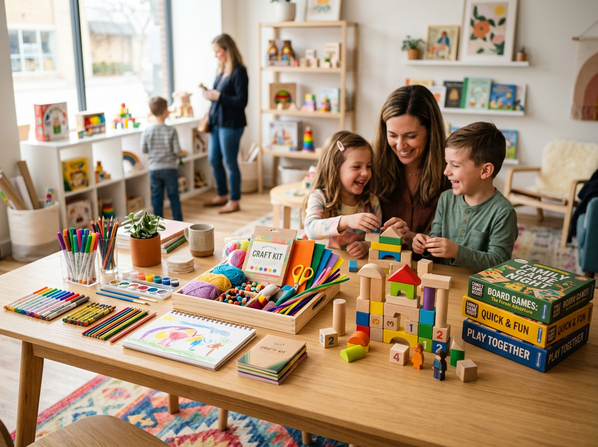 Creative play craft materials and wooden blocks