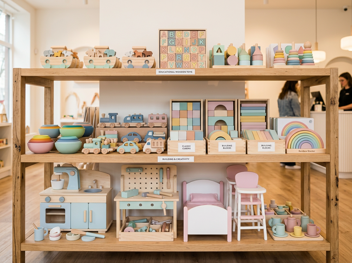 Organized shelf of colorful educational wooden toys and building blocks